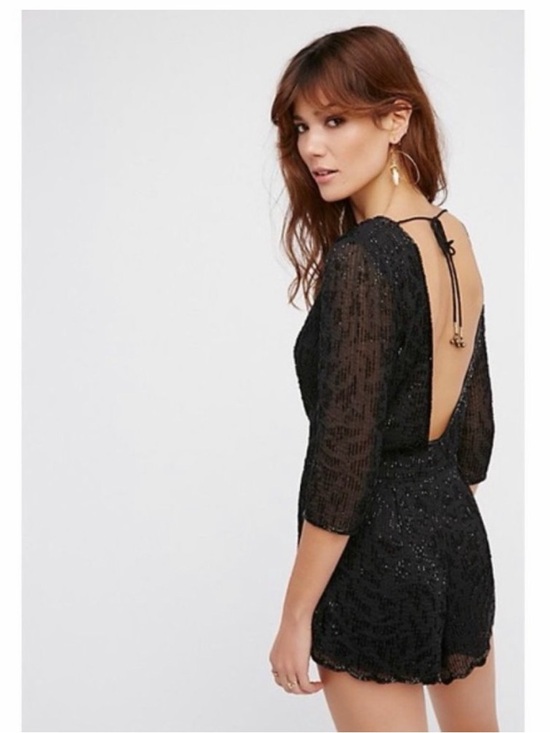 Free People Pants - Free People Black beaded  Open-Back Romper. Broken zipper